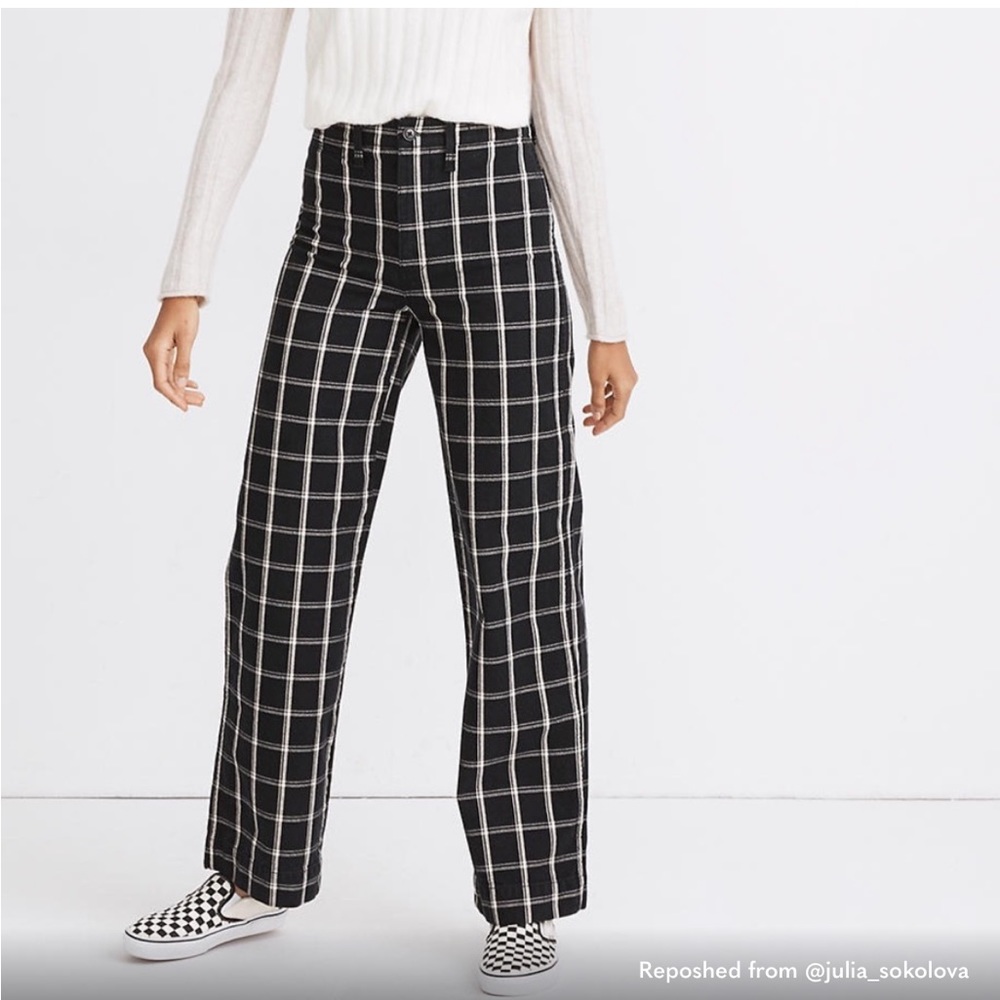 Madewell Emmett Wide-Leg Full-Length Pants in Windowpane Check Black - 25